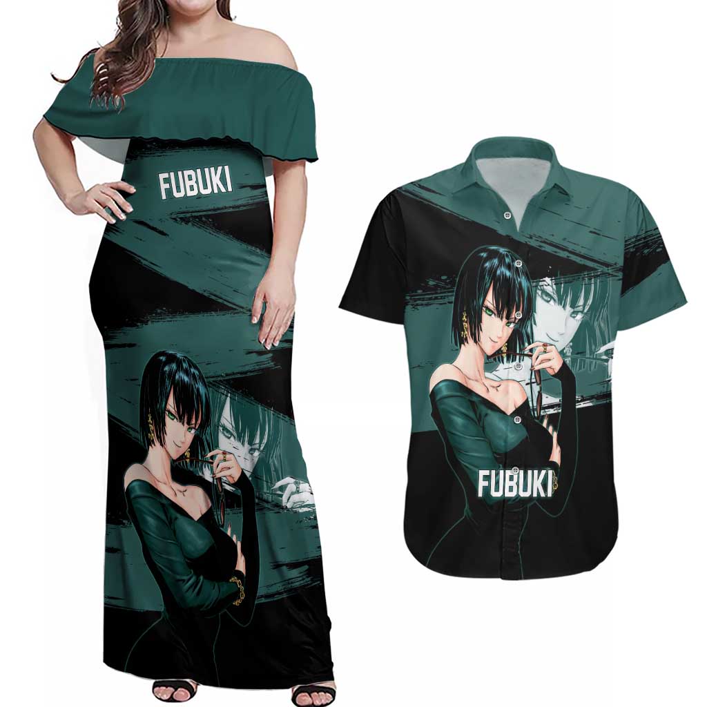 Fubuki One Punch Man Anime Teal and Black Theme Couples Matching Off Shoulder Maxi Dress and Hawaiian Shirt with Elegant Psychic Pose and Cool Urban Style - The Mazicc