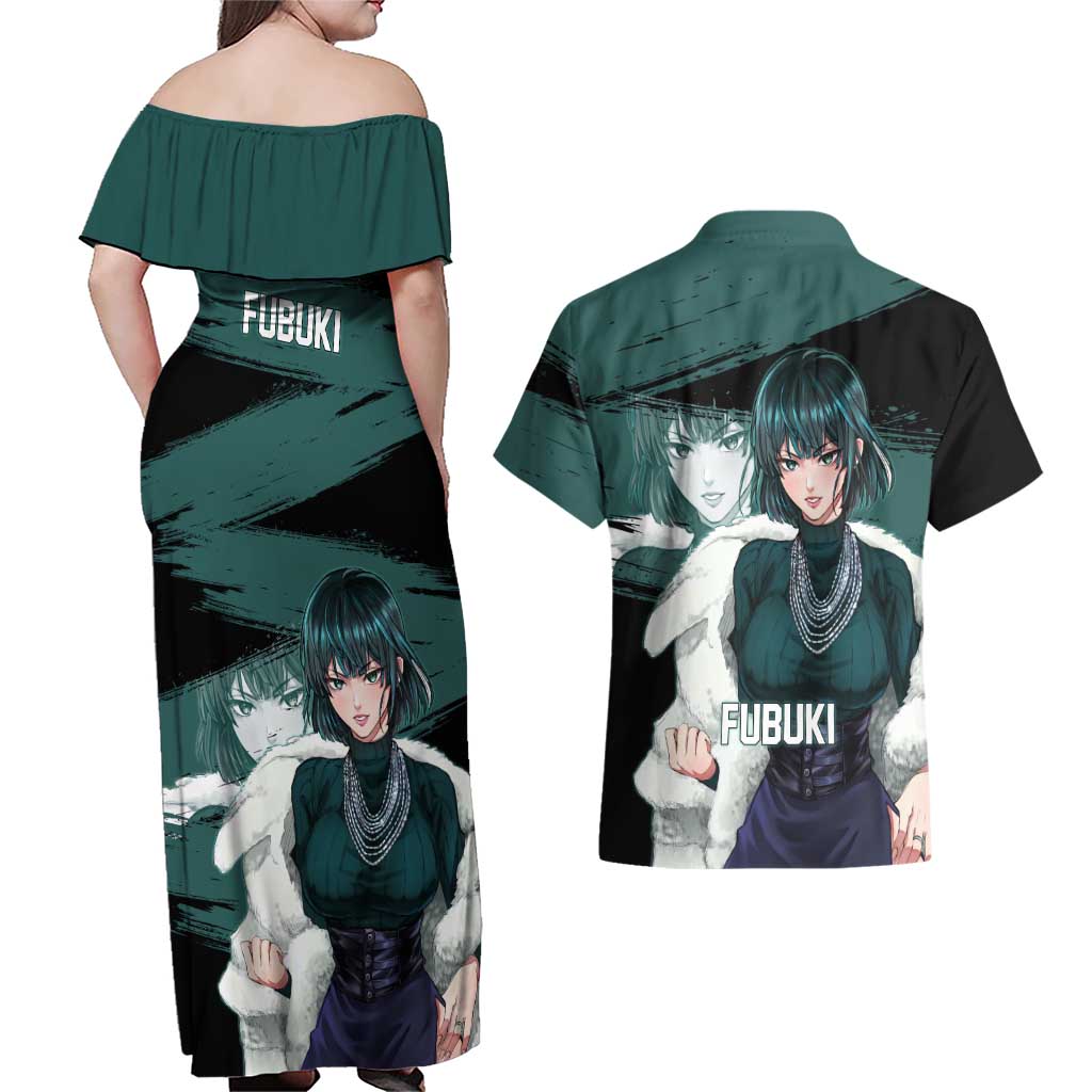 Fubuki One Punch Man Anime Teal and Black Theme Couples Matching Off Shoulder Maxi Dress and Hawaiian Shirt with Elegant Psychic Pose and Cool Urban Style - The Mazicc