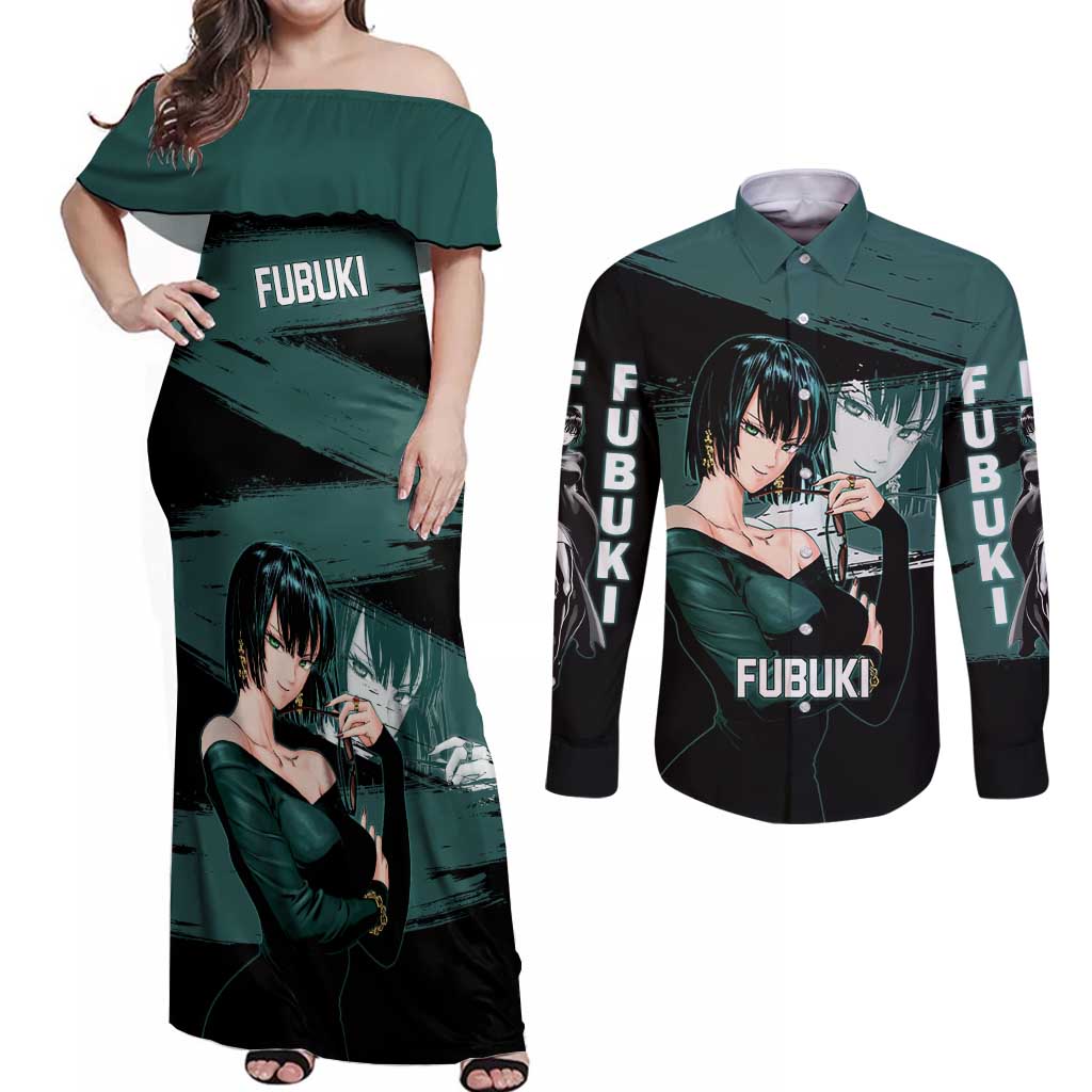Fubuki One Punch Man Anime Teal and Black Theme Couples Matching Off Shoulder Maxi Dress and Long Sleeve Button Shirt with Elegant Psychic Pose and Cool Urban Style - The Mazicc