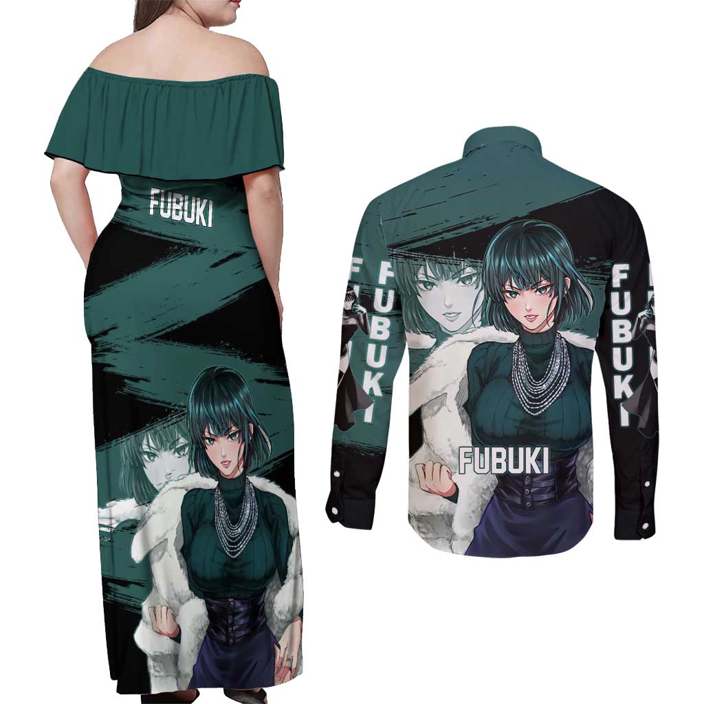 Fubuki One Punch Man Anime Teal and Black Theme Couples Matching Off Shoulder Maxi Dress and Long Sleeve Button Shirt with Elegant Psychic Pose and Cool Urban Style - The Mazicc
