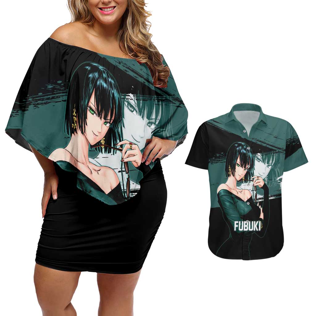 Fubuki One Punch Man Anime Teal and Black Theme Couples Matching Off Shoulder Short Dress and Hawaiian Shirt with Elegant Psychic Pose and Cool Urban Style - The Mazicc