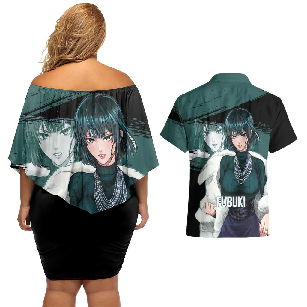 Fubuki One Punch Man Anime Teal and Black Theme Couples Matching Off Shoulder Short Dress and Hawaiian Shirt with Elegant Psychic Pose and Cool Urban Style - The Mazicc