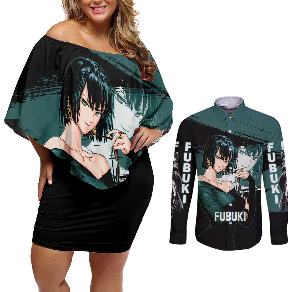 Fubuki One Punch Man Anime Teal and Black Theme Couples Matching Off Shoulder Short Dress and Long Sleeve Button Shirt with Elegant Psychic Pose and Cool Urban Style - The Mazicc