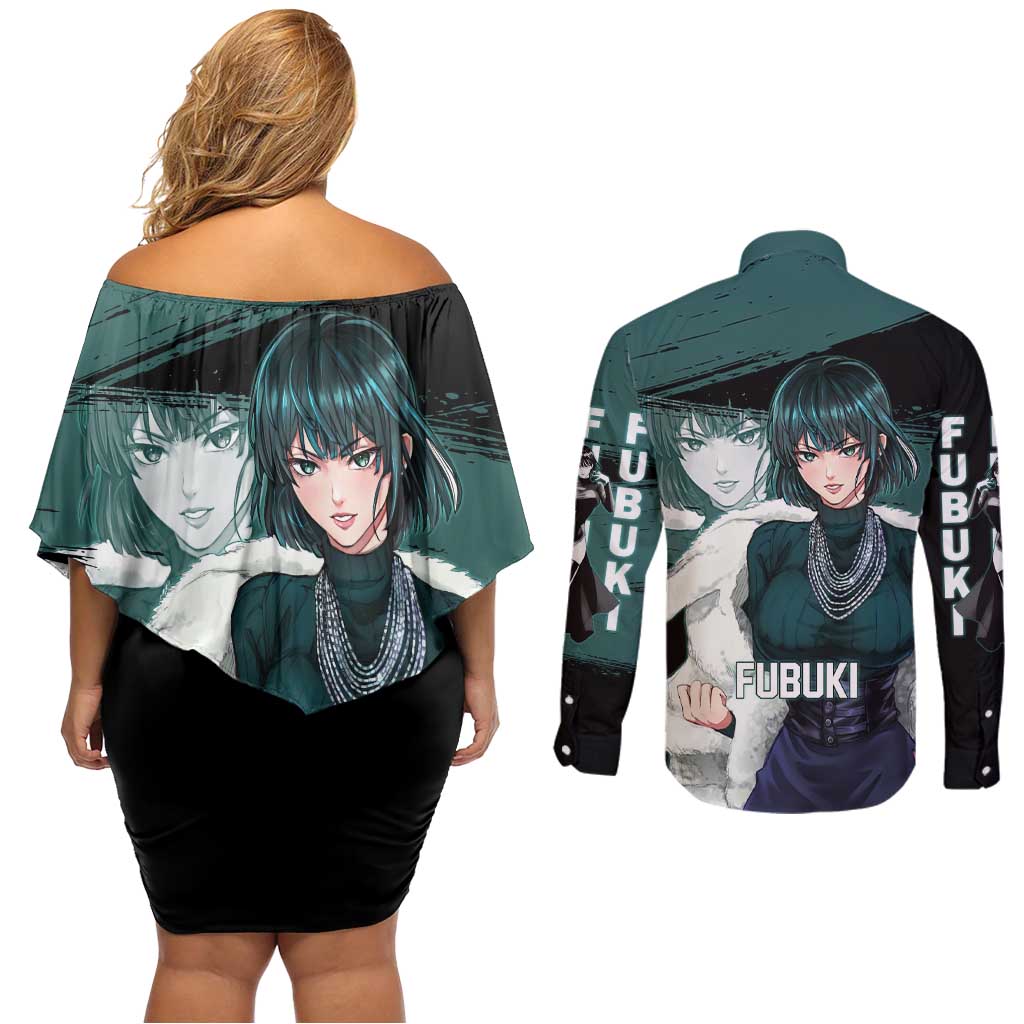 Fubuki One Punch Man Anime Teal and Black Theme Couples Matching Off Shoulder Short Dress and Long Sleeve Button Shirt with Elegant Psychic Pose and Cool Urban Style - The Mazicc