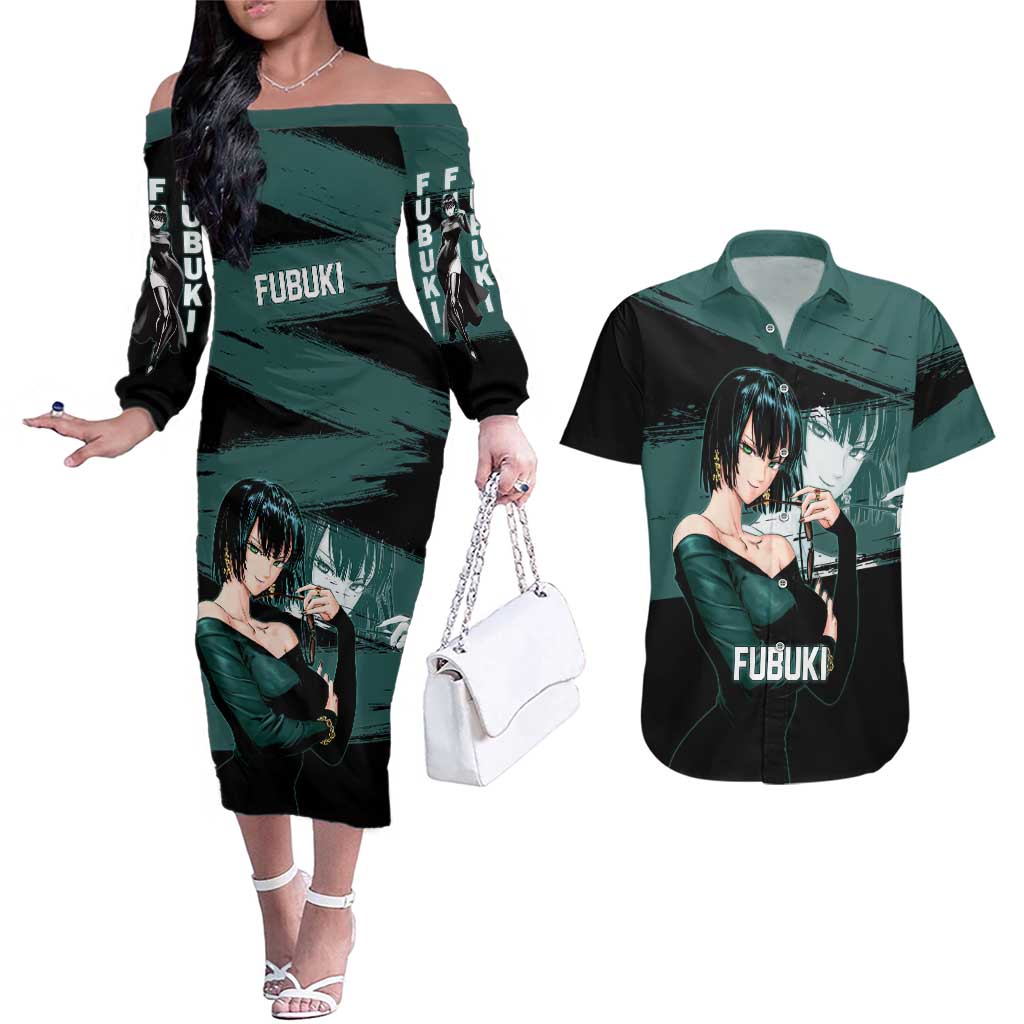 Fubuki One Punch Man Anime Teal and Black Theme Couples Matching Off The Shoulder Long Sleeve Dress and Hawaiian Shirt with Elegant Psychic Pose and Cool Urban Style - The Mazicc
