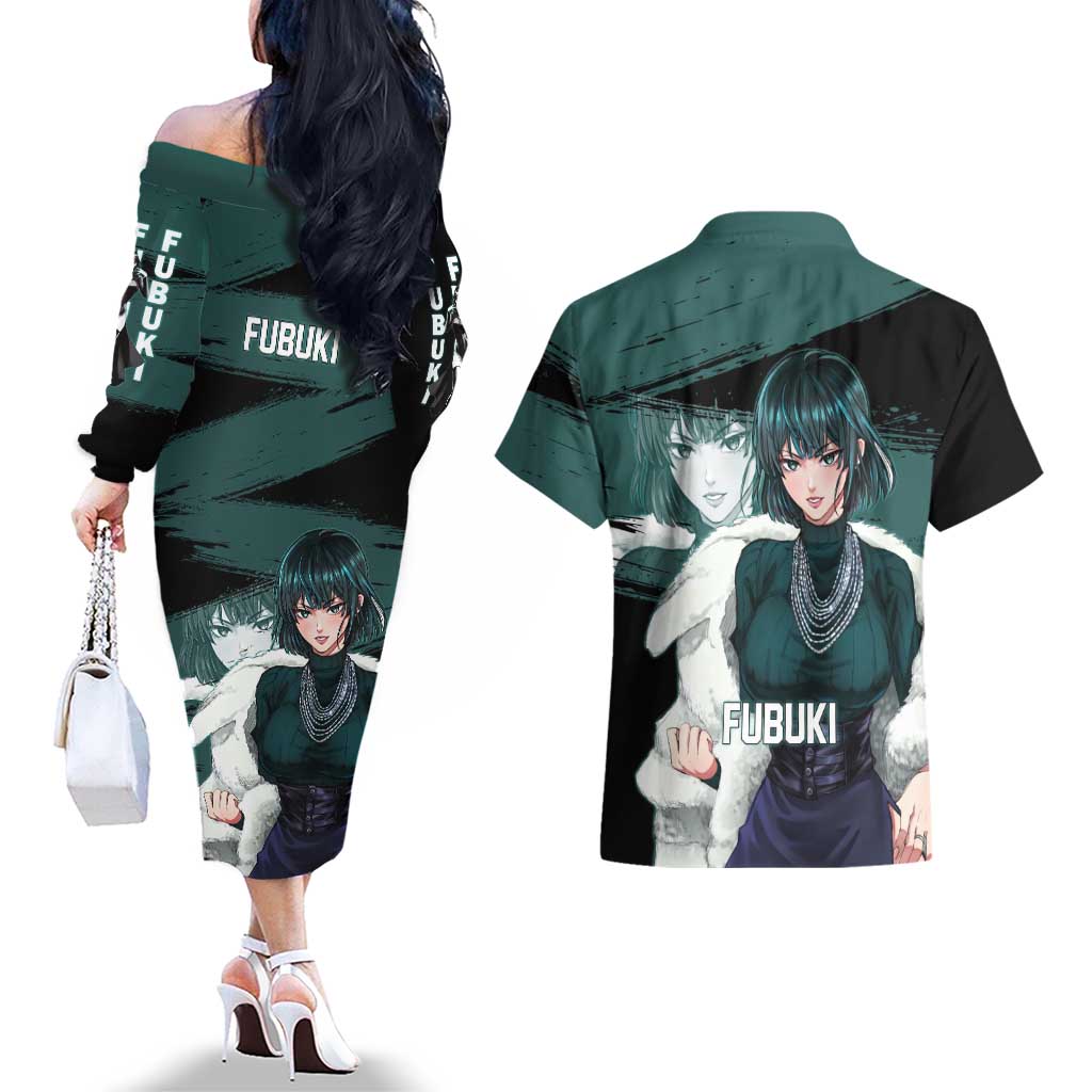 Fubuki One Punch Man Anime Teal and Black Theme Couples Matching Off The Shoulder Long Sleeve Dress and Hawaiian Shirt with Elegant Psychic Pose and Cool Urban Style - The Mazicc