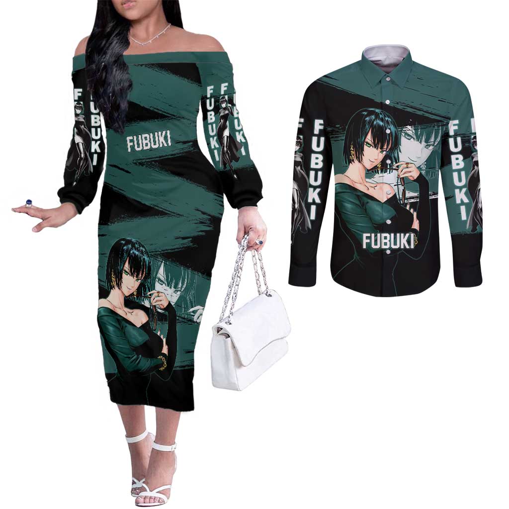 Fubuki One Punch Man Anime Teal and Black Theme Couples Matching Off The Shoulder Long Sleeve Dress and Long Sleeve Button Shirt with Elegant Psychic Pose and Cool Urban Style - The Mazicc