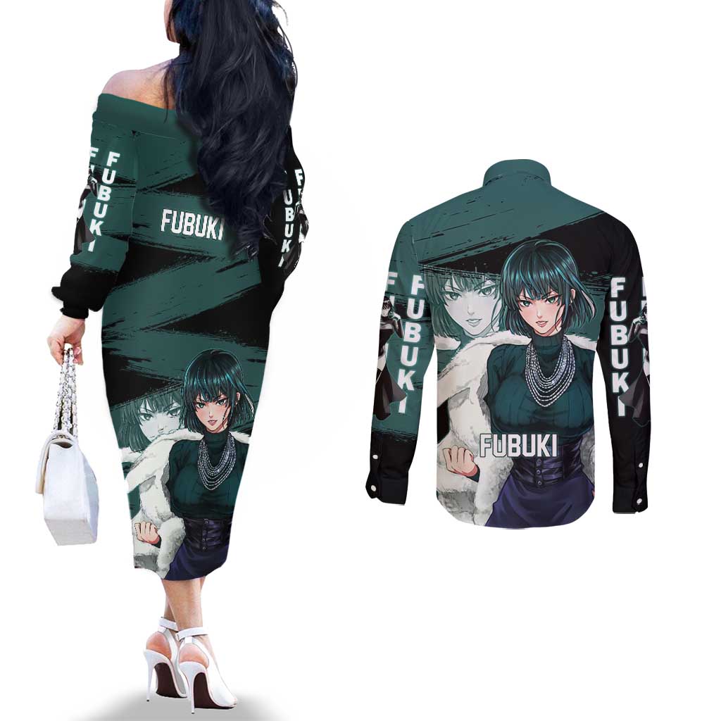Fubuki One Punch Man Anime Teal and Black Theme Couples Matching Off The Shoulder Long Sleeve Dress and Long Sleeve Button Shirt with Elegant Psychic Pose and Cool Urban Style - The Mazicc