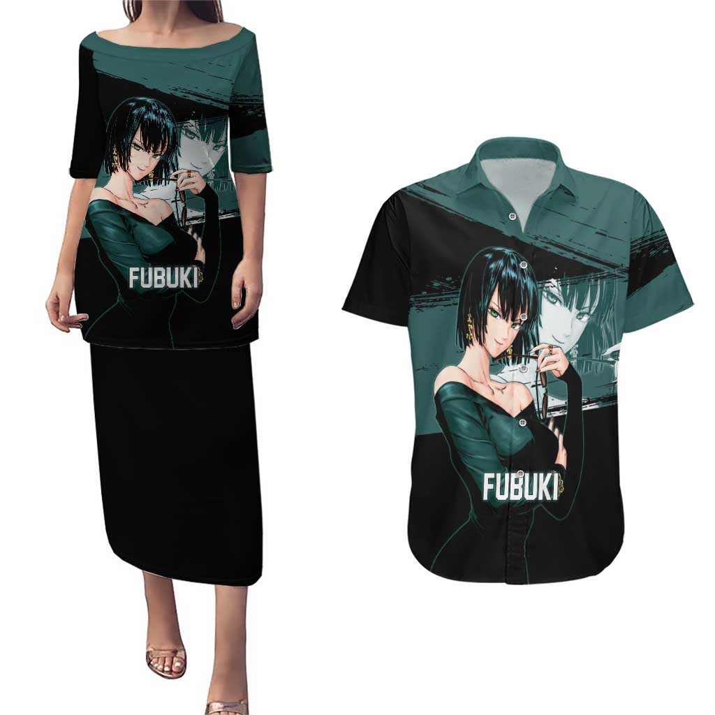 Fubuki One Punch Man Anime Teal and Black Theme Couples Matching Puletasi and Hawaiian Shirt with Elegant Psychic Pose and Cool Urban Style - The Mazicc