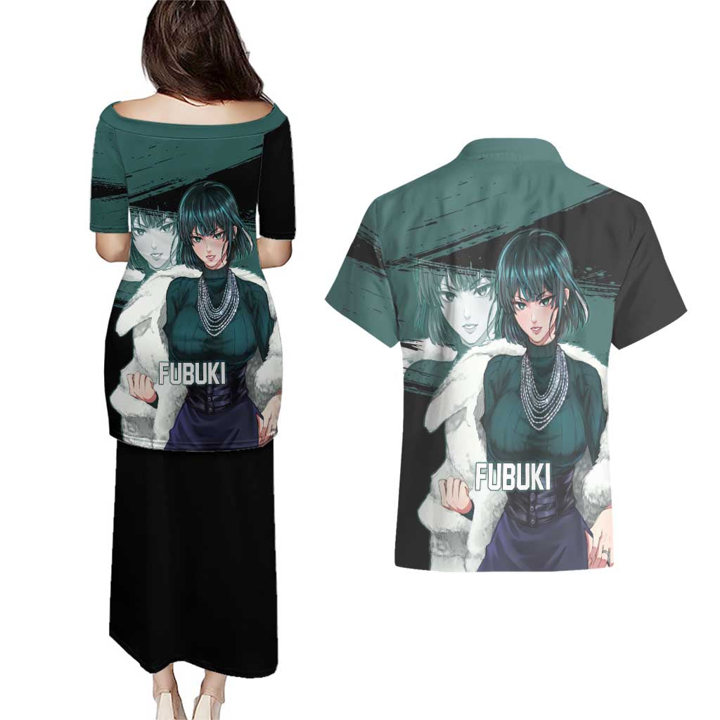 Fubuki One Punch Man Anime Teal and Black Theme Couples Matching Puletasi and Hawaiian Shirt with Elegant Psychic Pose and Cool Urban Style - The Mazicc