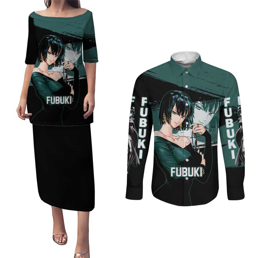 Fubuki One Punch Man Anime Teal and Black Theme Couples Matching Puletasi and Long Sleeve Button Shirt with Elegant Psychic Pose and Cool Urban Style - The Mazicc