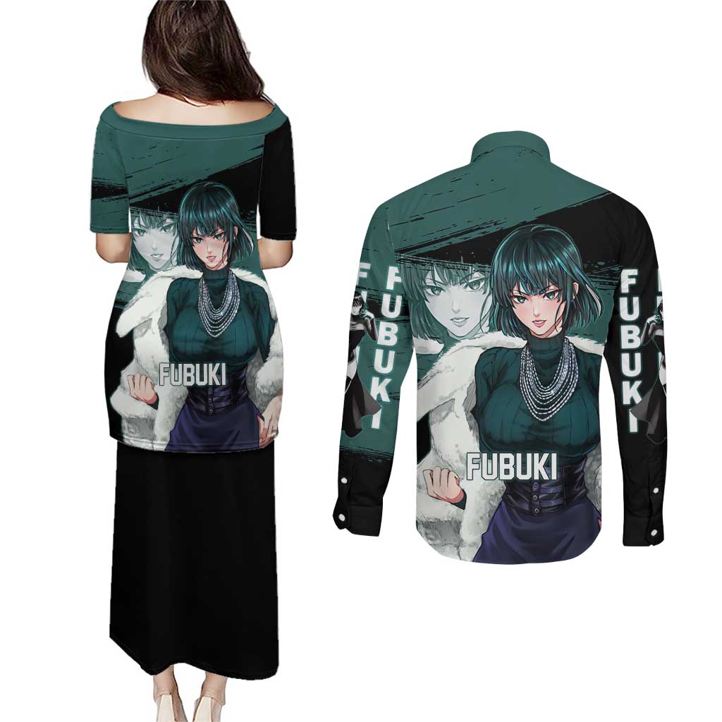 Fubuki One Punch Man Anime Teal and Black Theme Couples Matching Puletasi and Long Sleeve Button Shirt with Elegant Psychic Pose and Cool Urban Style - The Mazicc