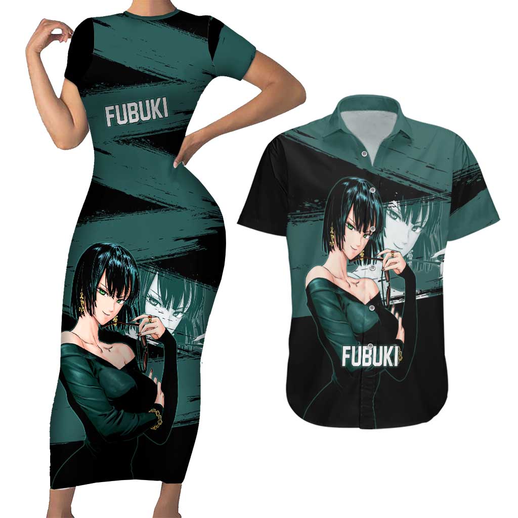 Fubuki One Punch Man Anime Teal and Black Theme Couples Matching Short Sleeve Bodycon Dress and Hawaiian Shirt with Elegant Psychic Pose and Cool Urban Style - The Mazicc