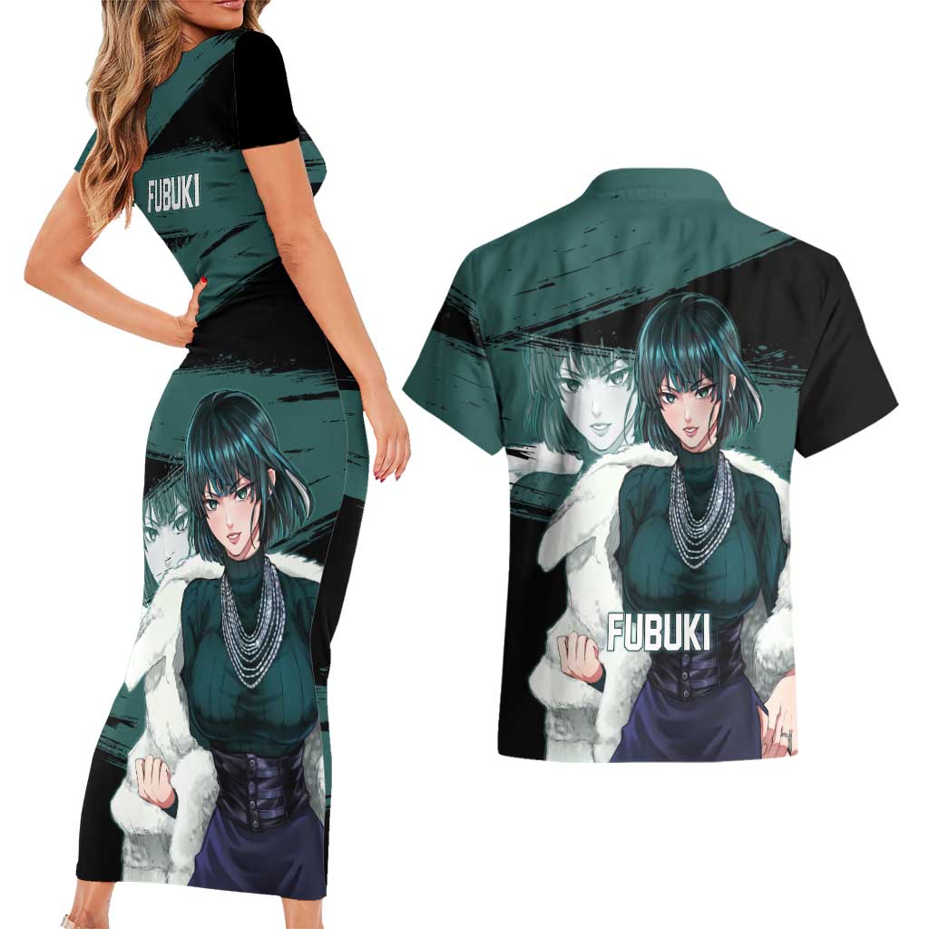 Fubuki One Punch Man Anime Teal and Black Theme Couples Matching Short Sleeve Bodycon Dress and Hawaiian Shirt with Elegant Psychic Pose and Cool Urban Style - The Mazicc