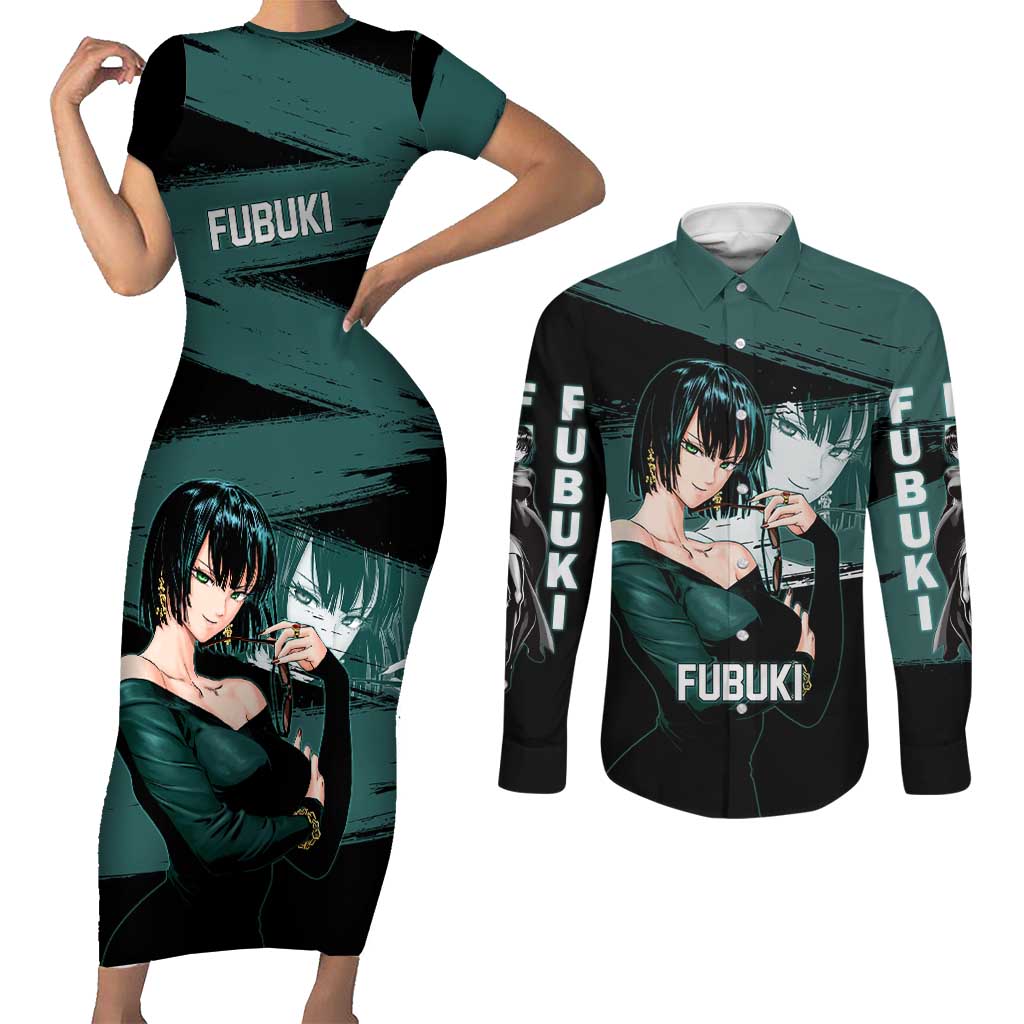 Fubuki One Punch Man Anime Teal and Black Theme Couples Matching Short Sleeve Bodycon Dress and Long Sleeve Button Shirt with Elegant Psychic Pose and Cool Urban Style - The Mazicc
