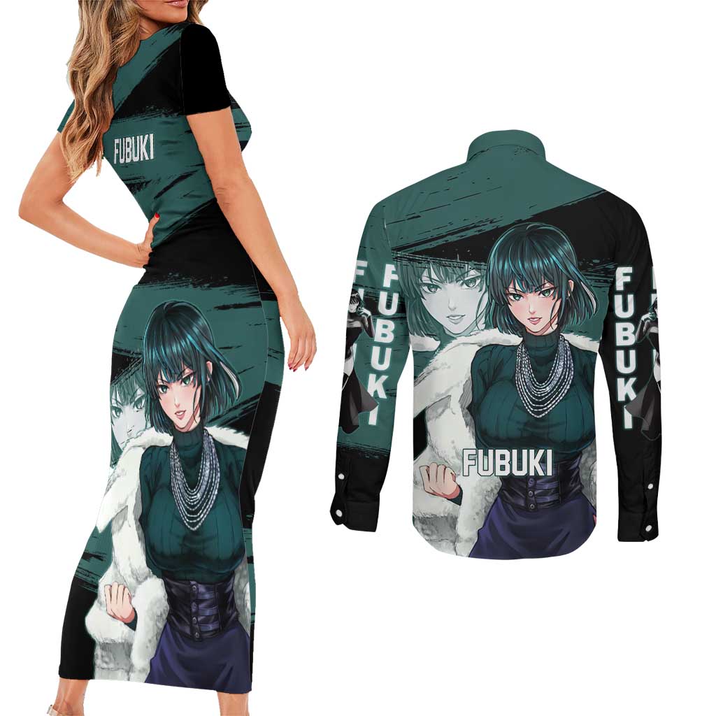 Fubuki One Punch Man Anime Teal and Black Theme Couples Matching Short Sleeve Bodycon Dress and Long Sleeve Button Shirt with Elegant Psychic Pose and Cool Urban Style - The Mazicc