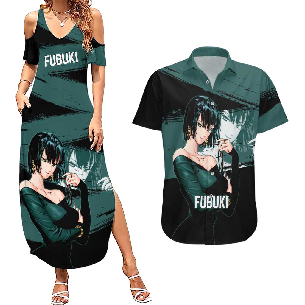 Fubuki One Punch Man Anime Teal and Black Theme Couples Matching Summer Maxi Dress and Hawaiian Shirt with Elegant Psychic Pose and Cool Urban Style - The Mazicc