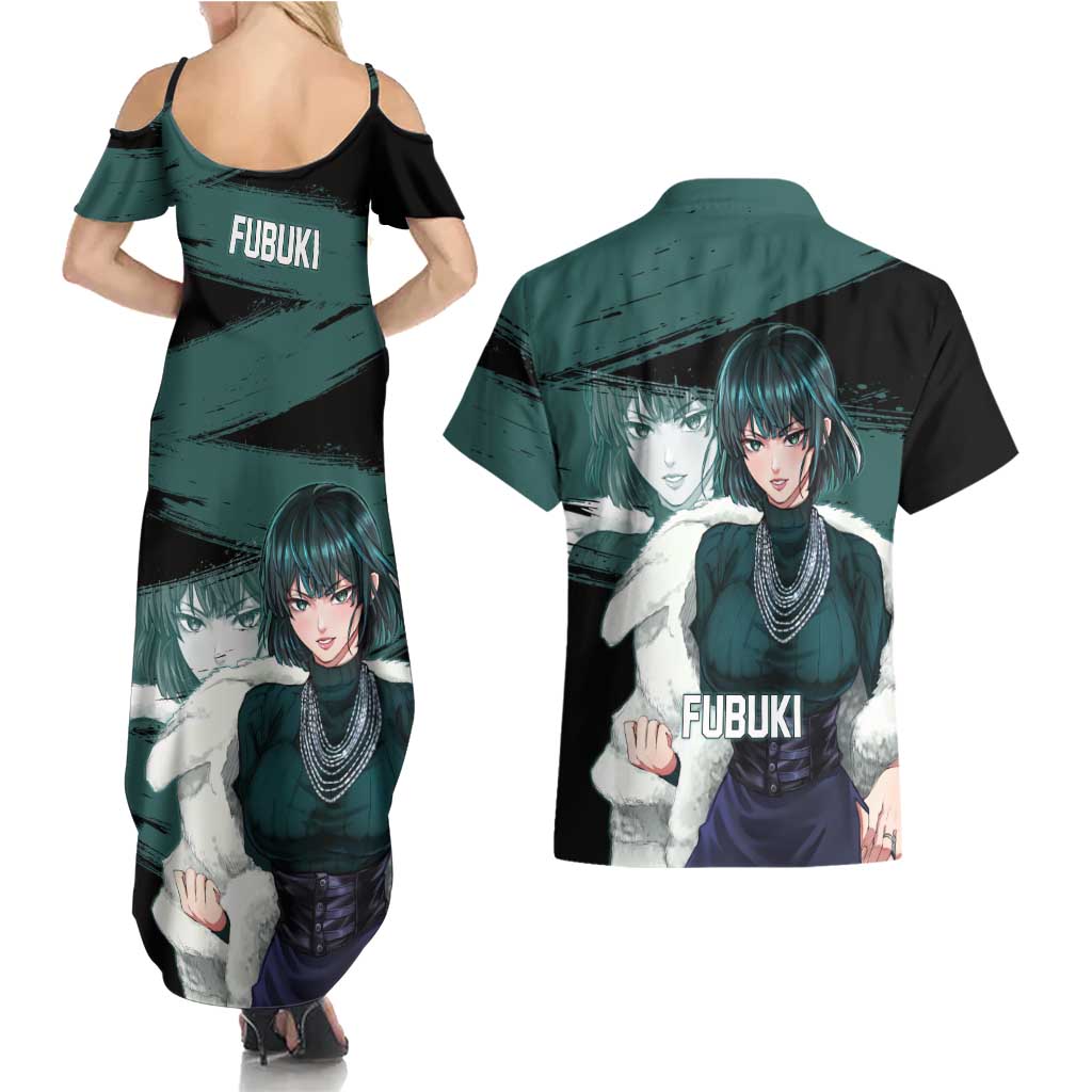 Fubuki One Punch Man Anime Teal and Black Theme Couples Matching Summer Maxi Dress and Hawaiian Shirt with Elegant Psychic Pose and Cool Urban Style - The Mazicc
