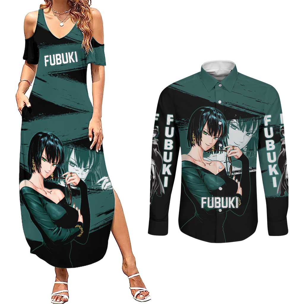 Fubuki One Punch Man Anime Teal and Black Theme Couples Matching Summer Maxi Dress and Long Sleeve Button Shirt with Elegant Psychic Pose and Cool Urban Style - The Mazicc