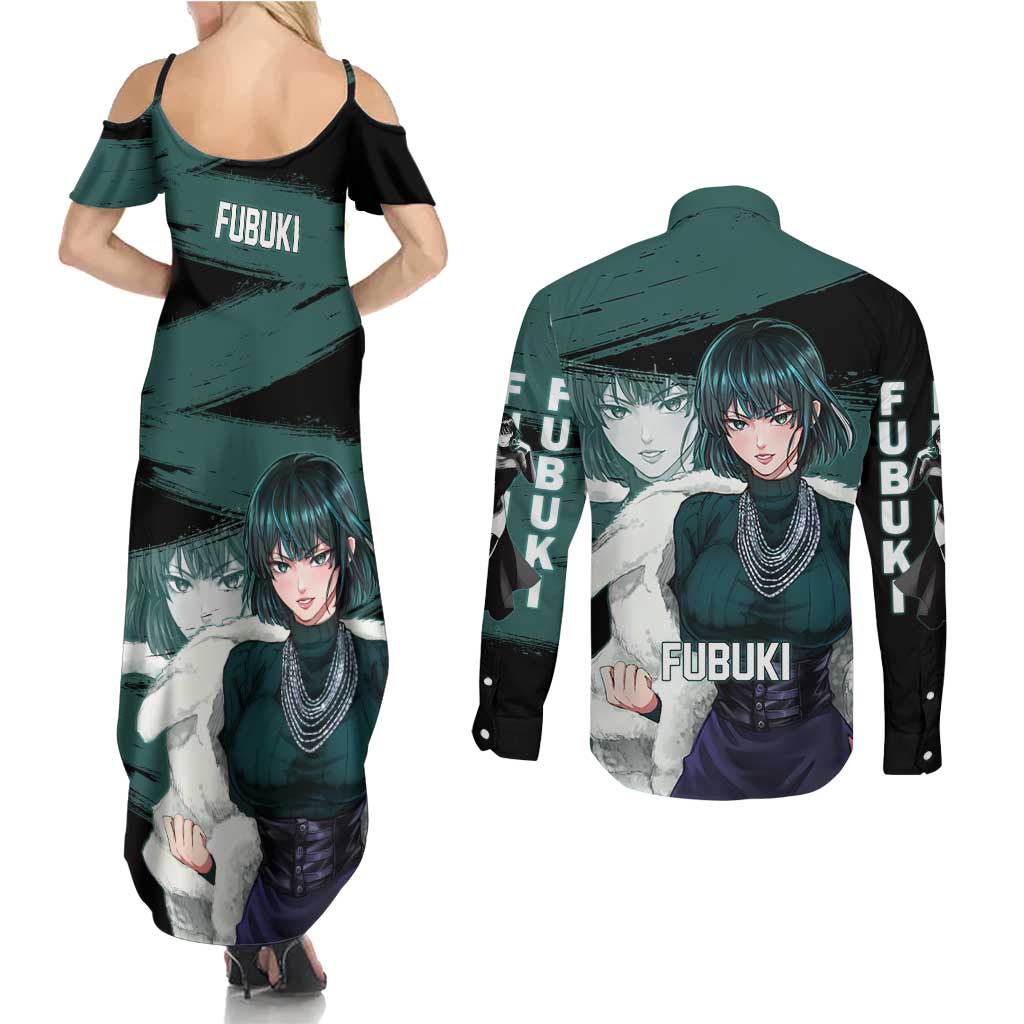 Fubuki One Punch Man Anime Teal and Black Theme Couples Matching Summer Maxi Dress and Long Sleeve Button Shirt with Elegant Psychic Pose and Cool Urban Style - The Mazicc