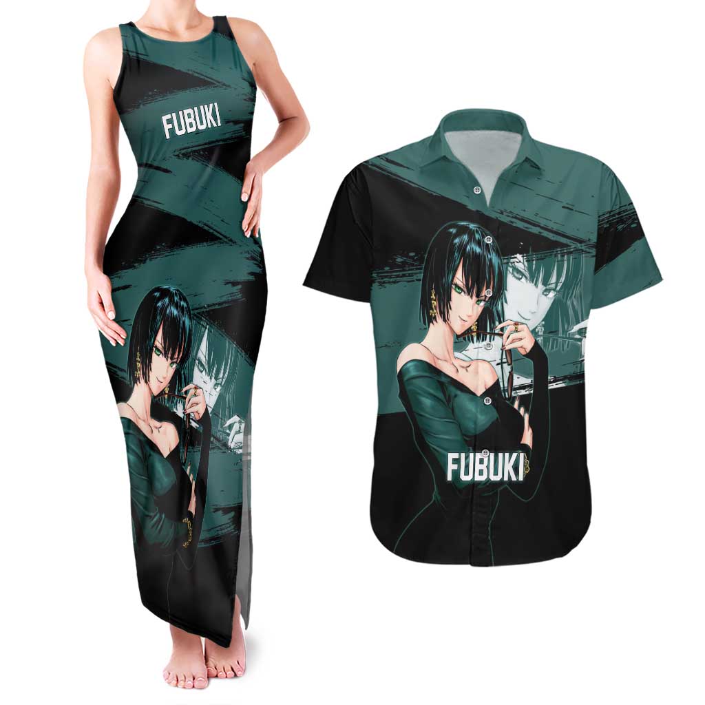Fubuki One Punch Man Anime Teal and Black Theme Couples Matching Tank Maxi Dress and Hawaiian Shirt with Elegant Psychic Pose and Cool Urban Style - The Mazicc