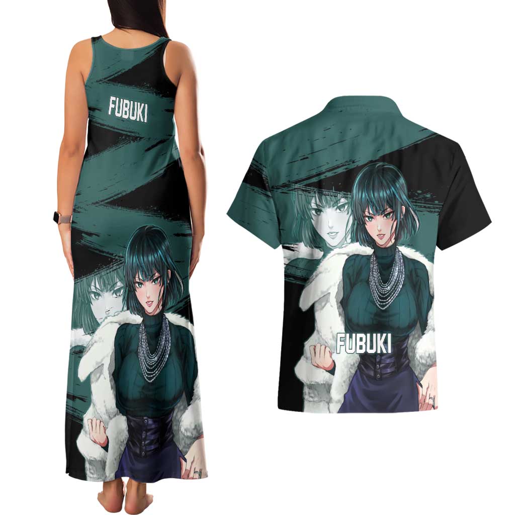 Fubuki One Punch Man Anime Teal and Black Theme Couples Matching Tank Maxi Dress and Hawaiian Shirt with Elegant Psychic Pose and Cool Urban Style - The Mazicc