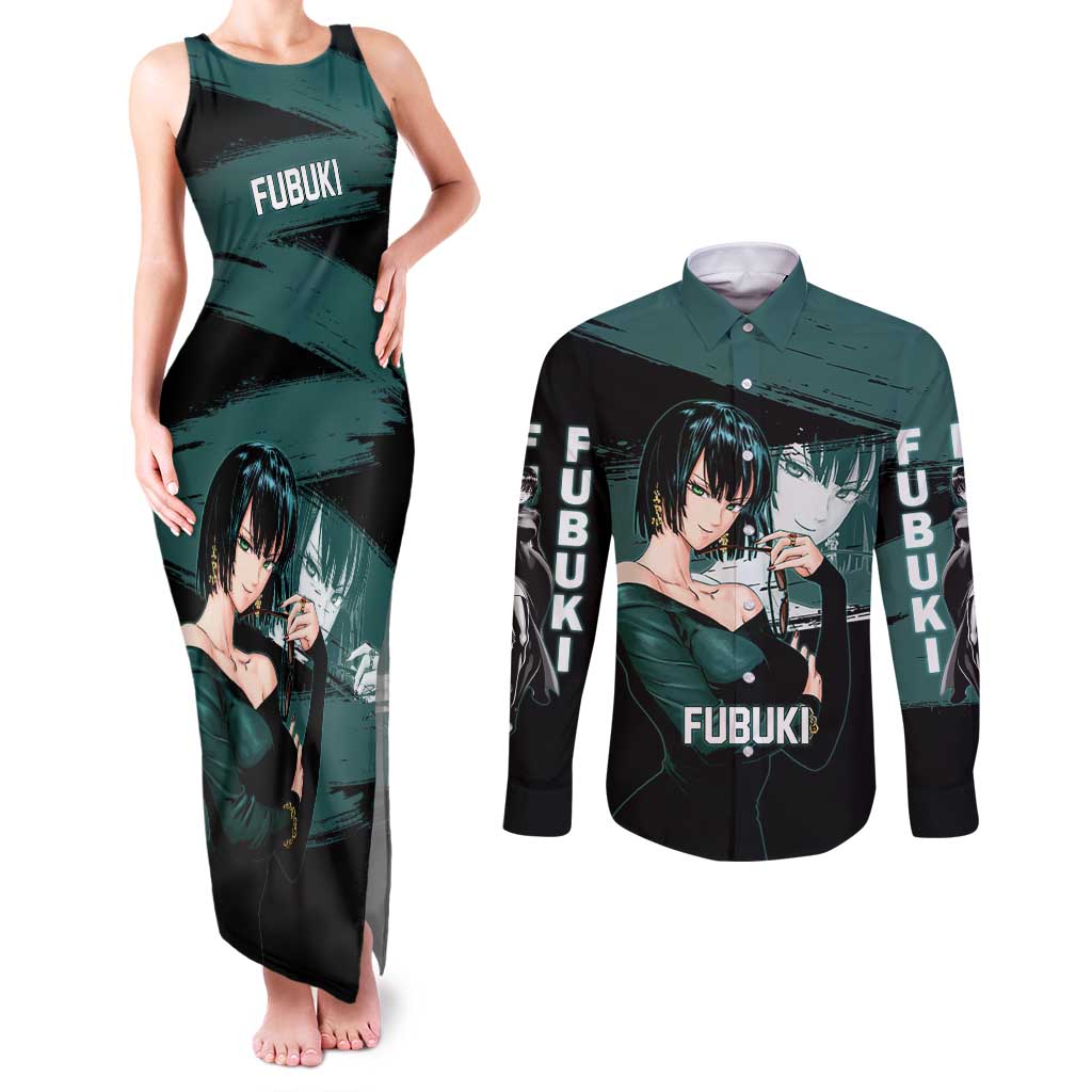 Fubuki One Punch Man Anime Teal and Black Theme Couples Matching Tank Maxi Dress and Long Sleeve Button Shirt with Elegant Psychic Pose and Cool Urban Style - The Mazicc