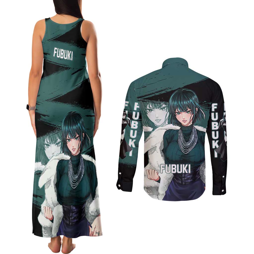 Fubuki One Punch Man Anime Teal and Black Theme Couples Matching Tank Maxi Dress and Long Sleeve Button Shirt with Elegant Psychic Pose and Cool Urban Style - The Mazicc