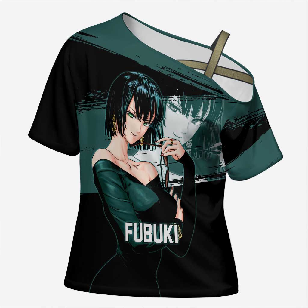 Fubuki One Punch Man Anime Teal and Black Theme Cross Shoulder Shirt with Elegant Psychic Pose and Cool Urban Style - The Mazicc
