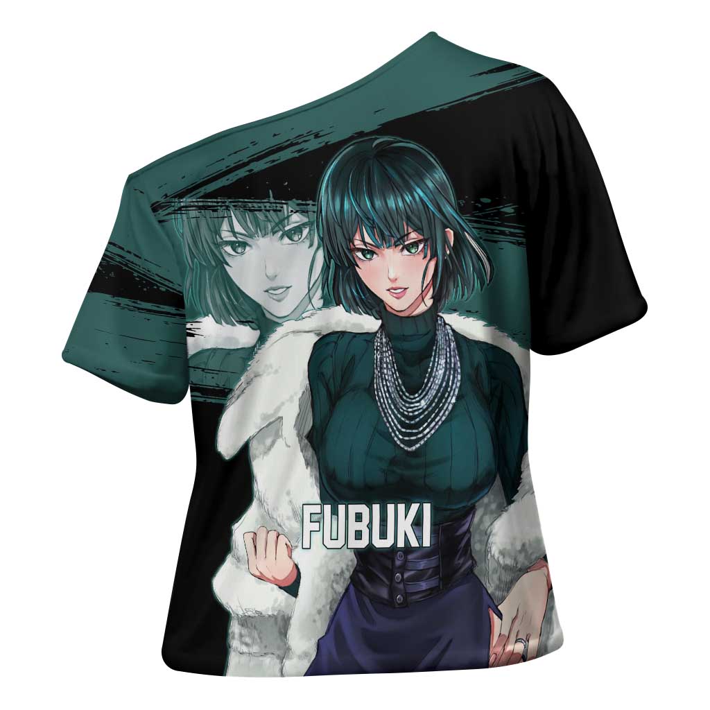 Fubuki One Punch Man Anime Teal and Black Theme Cross Shoulder Shirt with Elegant Psychic Pose and Cool Urban Style - The Mazicc