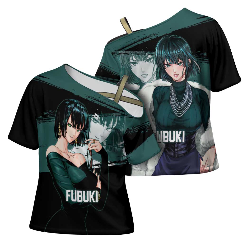 Fubuki One Punch Man Anime Teal and Black Theme Cross Shoulder Shirt with Elegant Psychic Pose and Cool Urban Style - The Mazicc