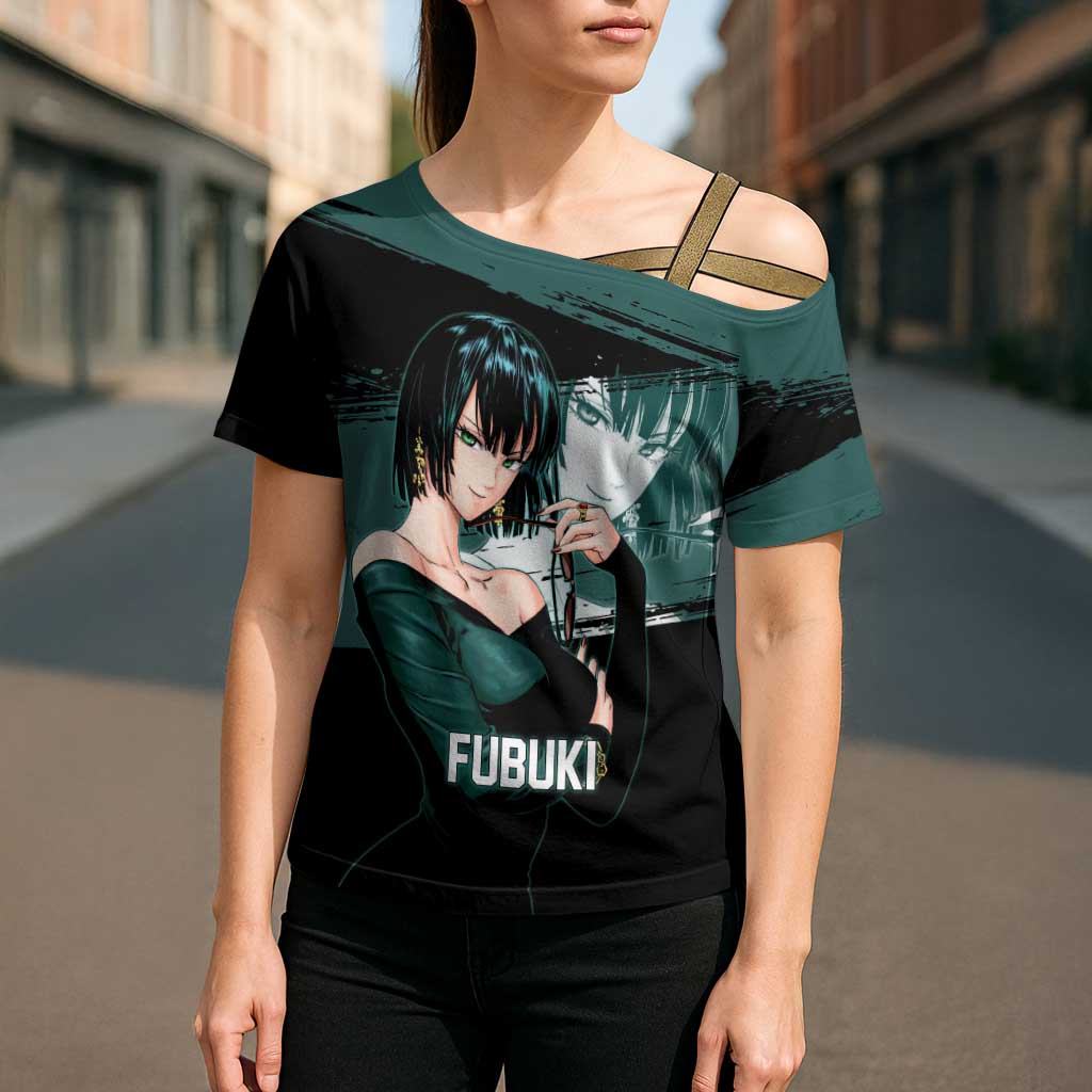 Fubuki One Punch Man Anime Teal and Black Theme Cross Shoulder Shirt with Elegant Psychic Pose and Cool Urban Style - The Mazicc