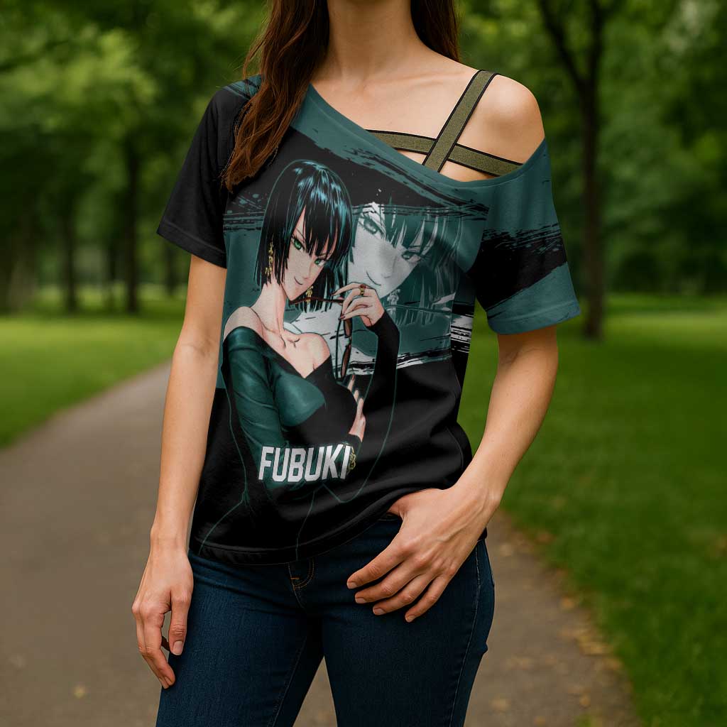 Fubuki One Punch Man Anime Teal and Black Theme Cross Shoulder Shirt with Elegant Psychic Pose and Cool Urban Style - The Mazicc