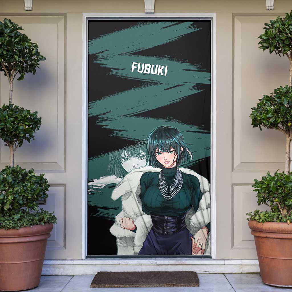 Fubuki One Punch Man Anime Teal and Black Theme Door Cover with Elegant Psychic Pose and Cool Urban Style - The Mazicc