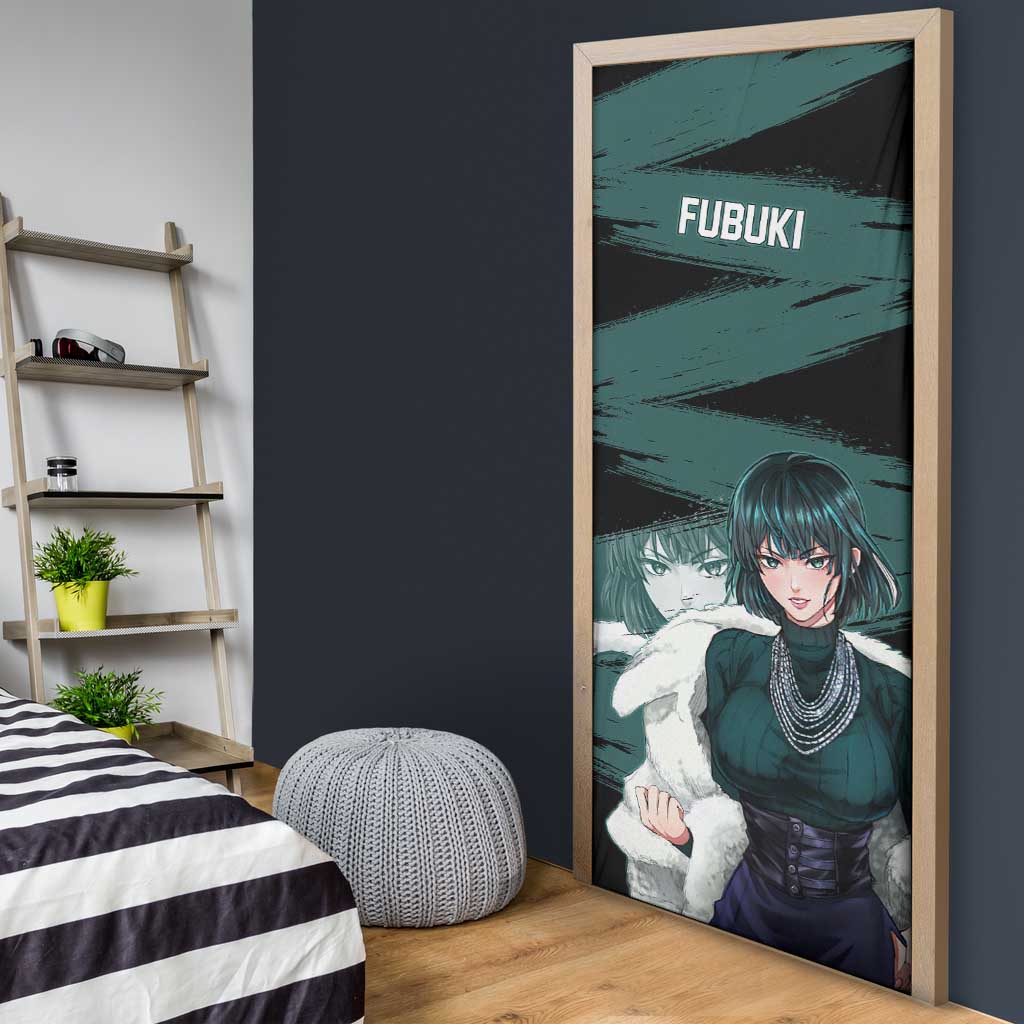 Fubuki One Punch Man Anime Teal and Black Theme Door Cover with Elegant Psychic Pose and Cool Urban Style - The Mazicc