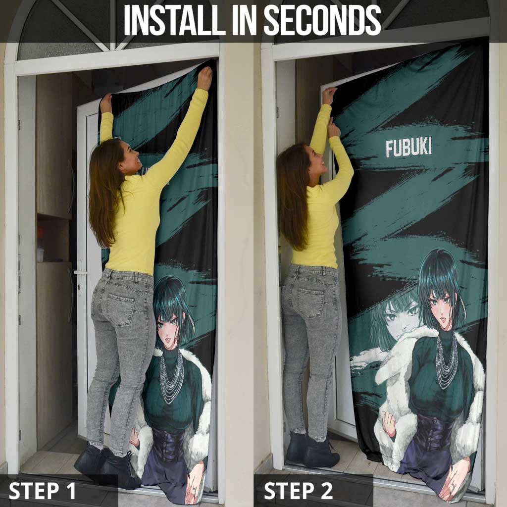 Fubuki One Punch Man Anime Teal and Black Theme Door Cover with Elegant Psychic Pose and Cool Urban Style - The Mazicc