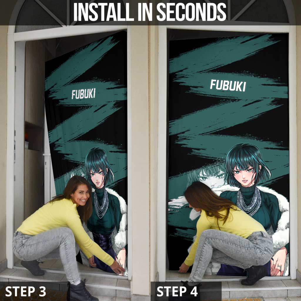 Fubuki One Punch Man Anime Teal and Black Theme Door Cover with Elegant Psychic Pose and Cool Urban Style - The Mazicc