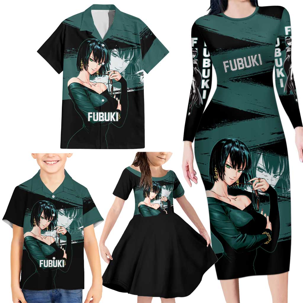 Fubuki One Punch Man Anime Teal and Black Theme Family Matching Long Sleeve Bodycon Dress and Hawaiian Shirt with Elegant Psychic Pose and Cool Urban Style