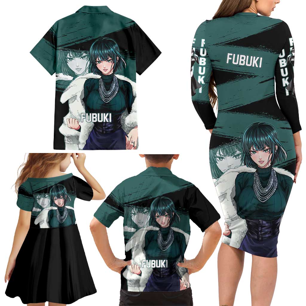 Fubuki One Punch Man Anime Teal and Black Theme Family Matching Long Sleeve Bodycon Dress and Hawaiian Shirt with Elegant Psychic Pose and Cool Urban Style