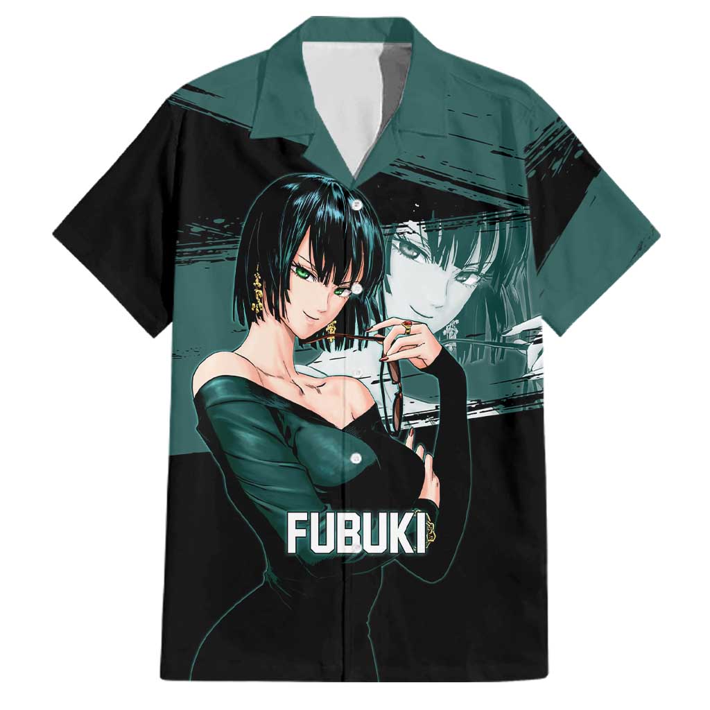 Fubuki One Punch Man Anime Teal and Black Theme Family Matching Long Sleeve Bodycon Dress and Hawaiian Shirt with Elegant Psychic Pose and Cool Urban Style