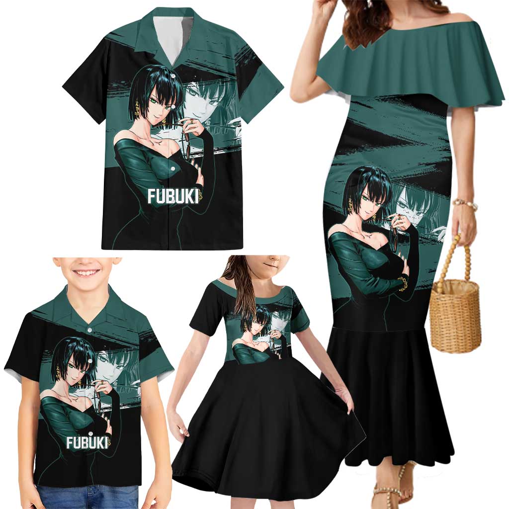 Fubuki One Punch Man Anime Teal and Black Theme Family Matching Mermaid Dress and Hawaiian Shirt with Elegant Psychic Pose and Cool Urban Style