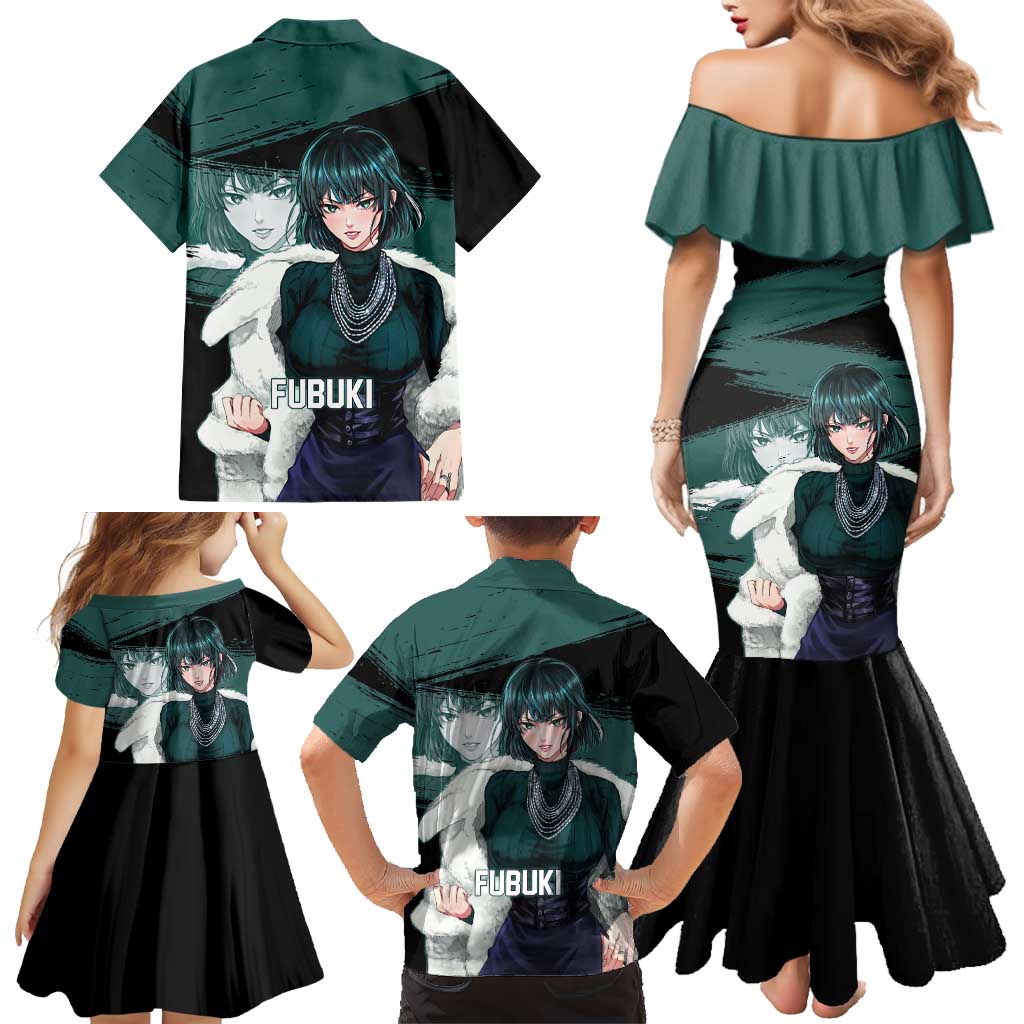 Fubuki One Punch Man Anime Teal and Black Theme Family Matching Mermaid Dress and Hawaiian Shirt with Elegant Psychic Pose and Cool Urban Style