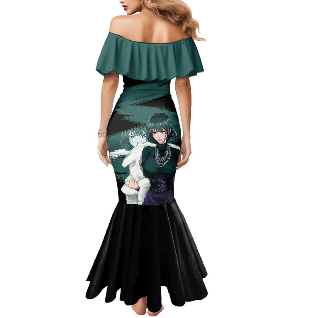 Fubuki One Punch Man Anime Teal and Black Theme Family Matching Mermaid Dress and Hawaiian Shirt with Elegant Psychic Pose and Cool Urban Style