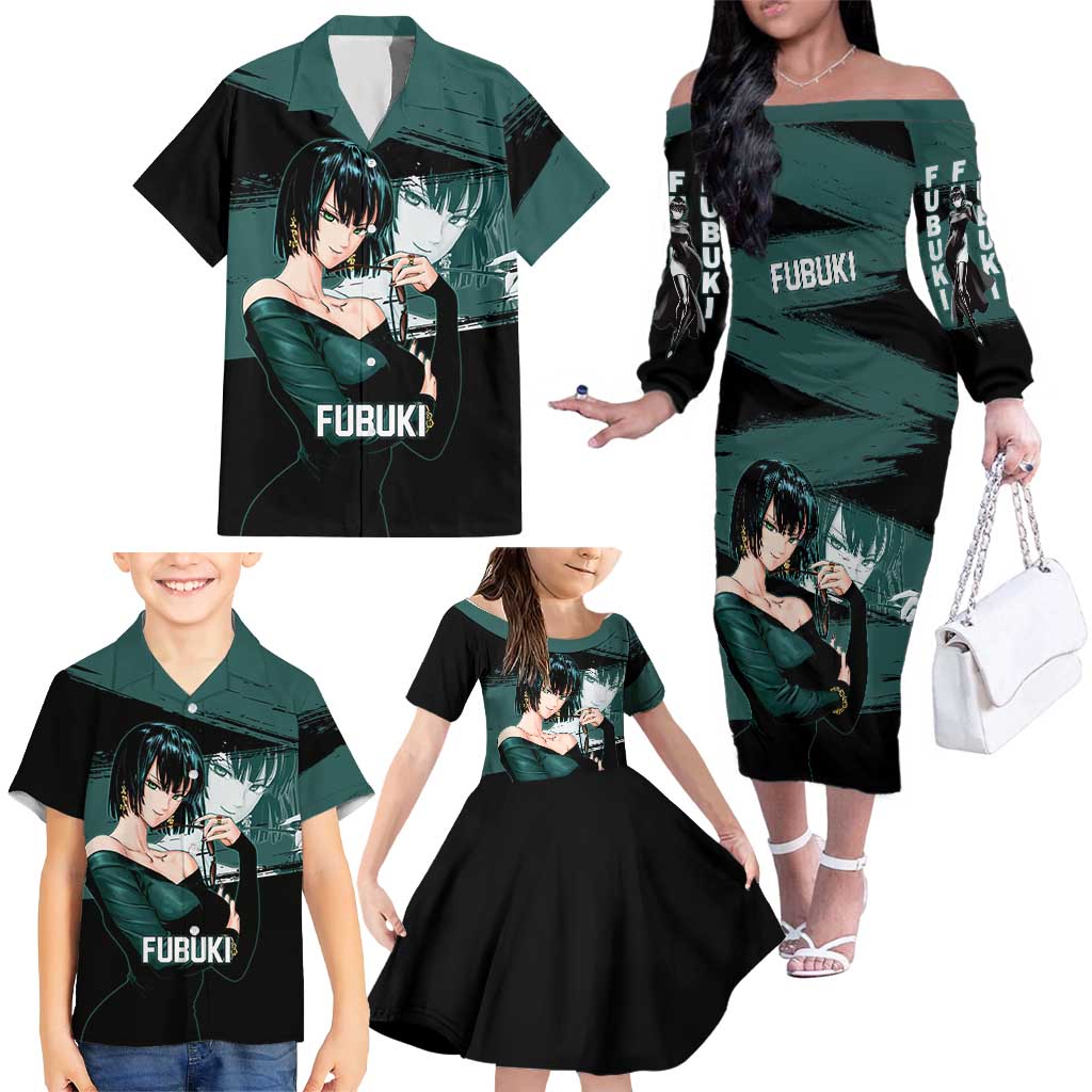 Fubuki One Punch Man Anime Teal and Black Theme Family Matching Off The Shoulder Long Sleeve Dress and Hawaiian Shirt with Elegant Psychic Pose and Cool Urban Style