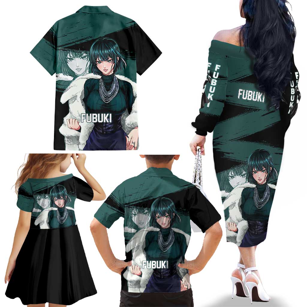 Fubuki One Punch Man Anime Teal and Black Theme Family Matching Off The Shoulder Long Sleeve Dress and Hawaiian Shirt with Elegant Psychic Pose and Cool Urban Style