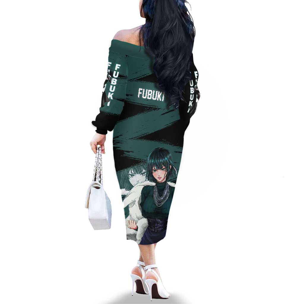 Fubuki One Punch Man Anime Teal and Black Theme Family Matching Off The Shoulder Long Sleeve Dress and Hawaiian Shirt with Elegant Psychic Pose and Cool Urban Style
