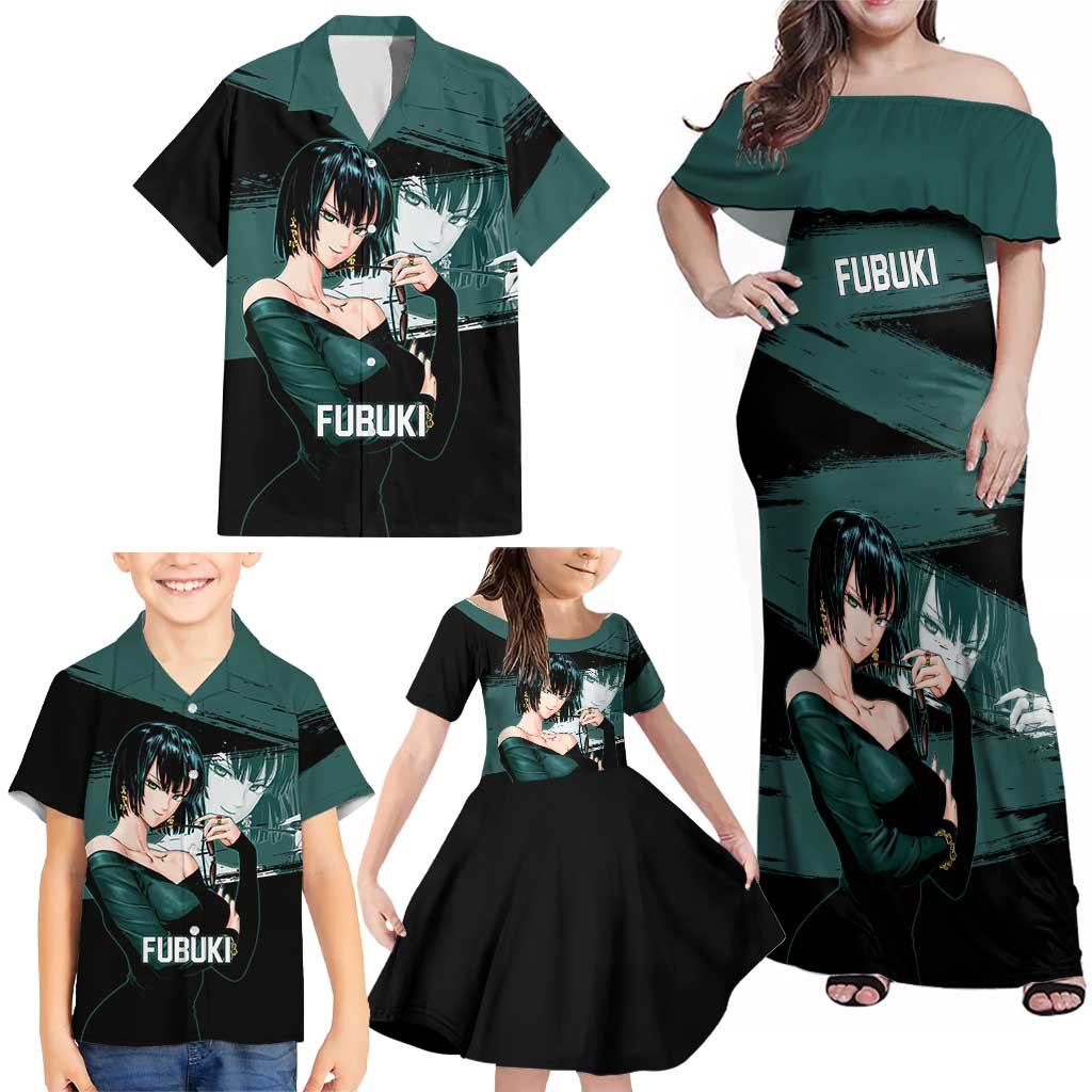 Fubuki One Punch Man Anime Teal and Black Theme Family Matching Off Shoulder Maxi Dress and Hawaiian Shirt with Elegant Psychic Pose and Cool Urban Style