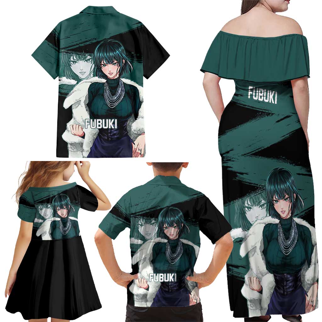 Fubuki One Punch Man Anime Teal and Black Theme Family Matching Off Shoulder Maxi Dress and Hawaiian Shirt with Elegant Psychic Pose and Cool Urban Style