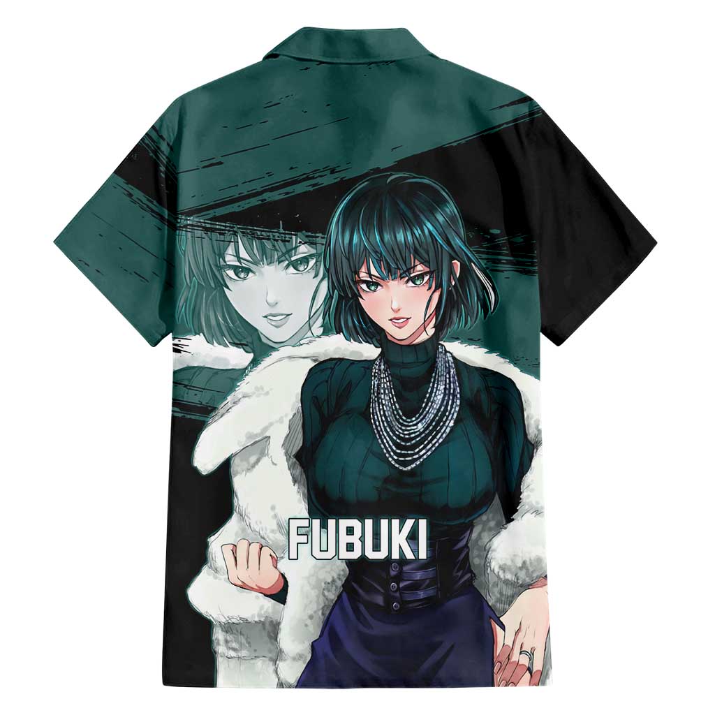 Fubuki One Punch Man Anime Teal and Black Theme Family Matching Off Shoulder Maxi Dress and Hawaiian Shirt with Elegant Psychic Pose and Cool Urban Style