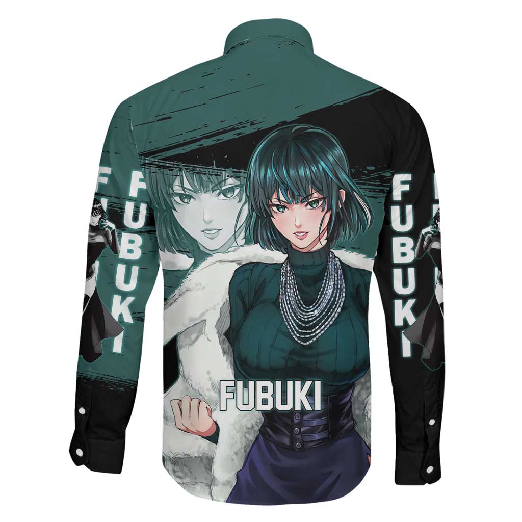 Fubuki One Punch Man Anime Teal and Black Theme Family Matching Off Shoulder Maxi Dress and Hawaiian Shirt with Elegant Psychic Pose and Cool Urban Style